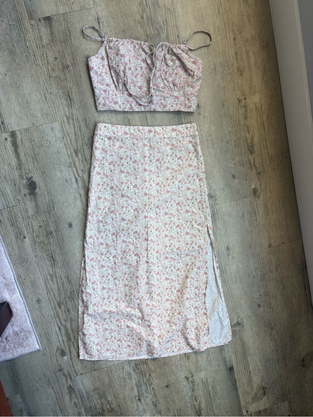 Two piece set Rhythm Cream and Pink Floral Midi Skirt